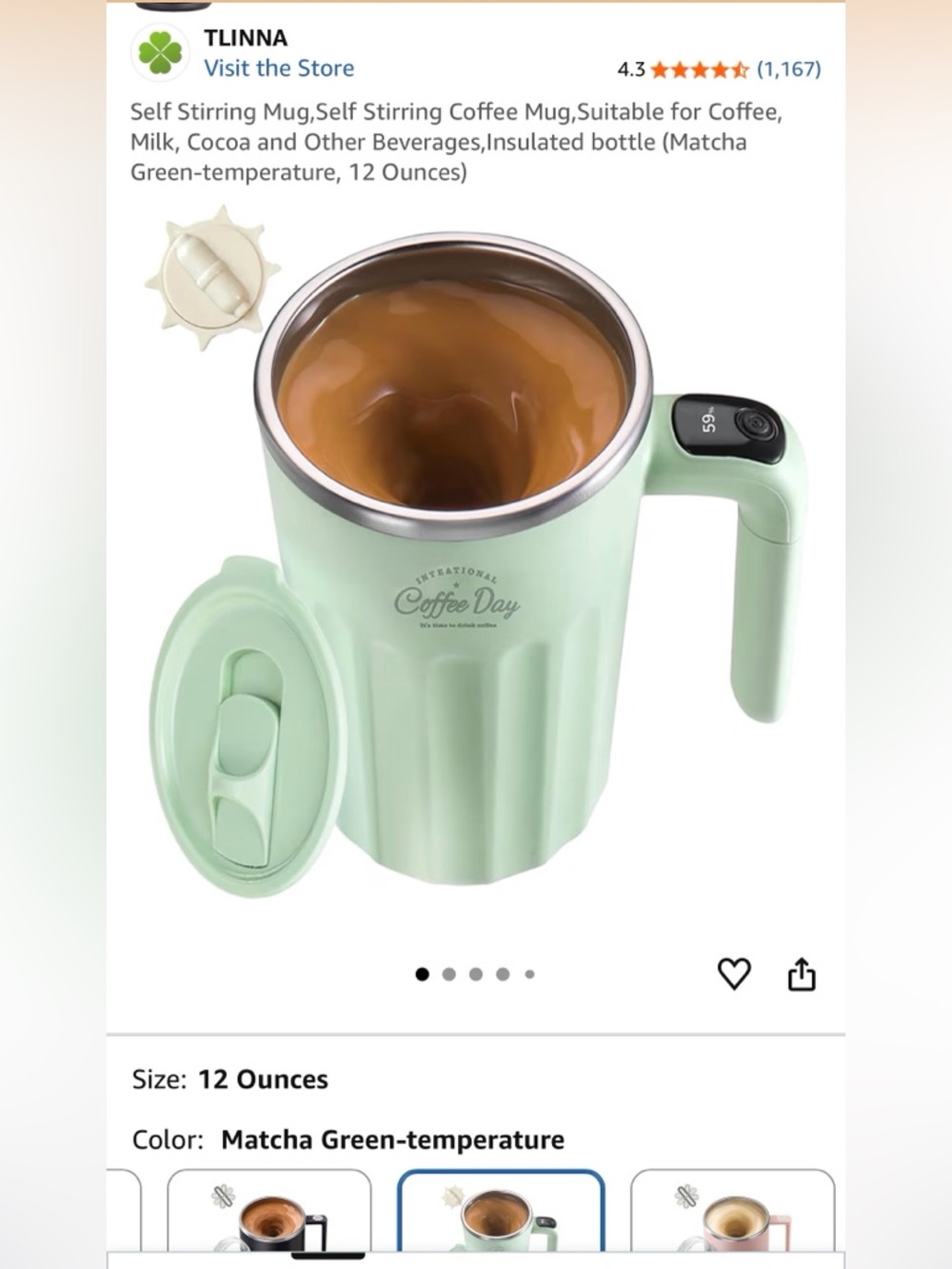 Self-stirring hot beverage mug. 12oz. Mint green.